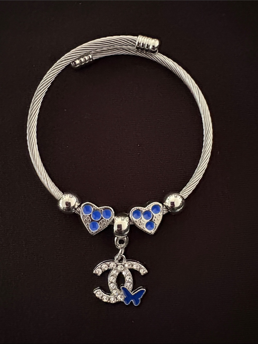 Stainless Steel Charm Bracelet with Blue Hearts
